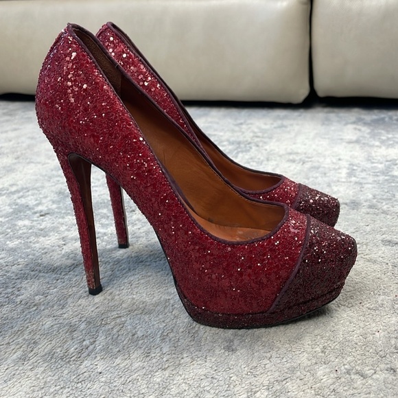 Schutz Fernanda Pump Rouge Red Dark Wine Glitter Sparkle Platform Stiletto 7 - Picture 5 of 15